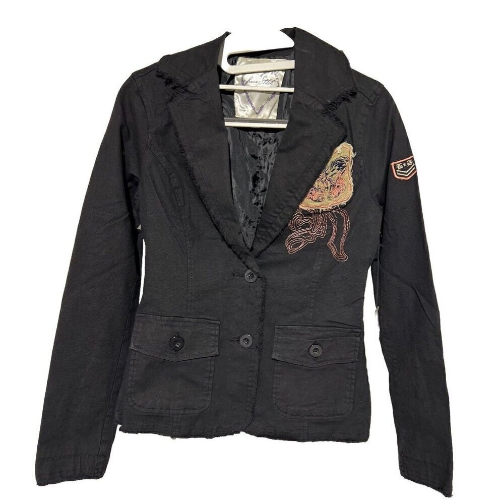 Love Stitch Woman’s Black Jean Jacket Blazer Size Small Embroidered Raw Hem NWT